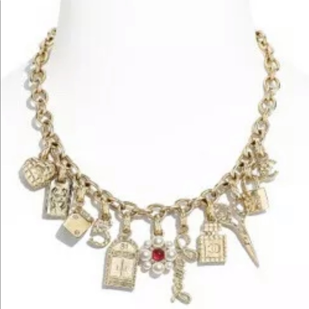 CHANEL 21P Carnival Clustered Charm Story Necklace Pearl CC Gold tone
